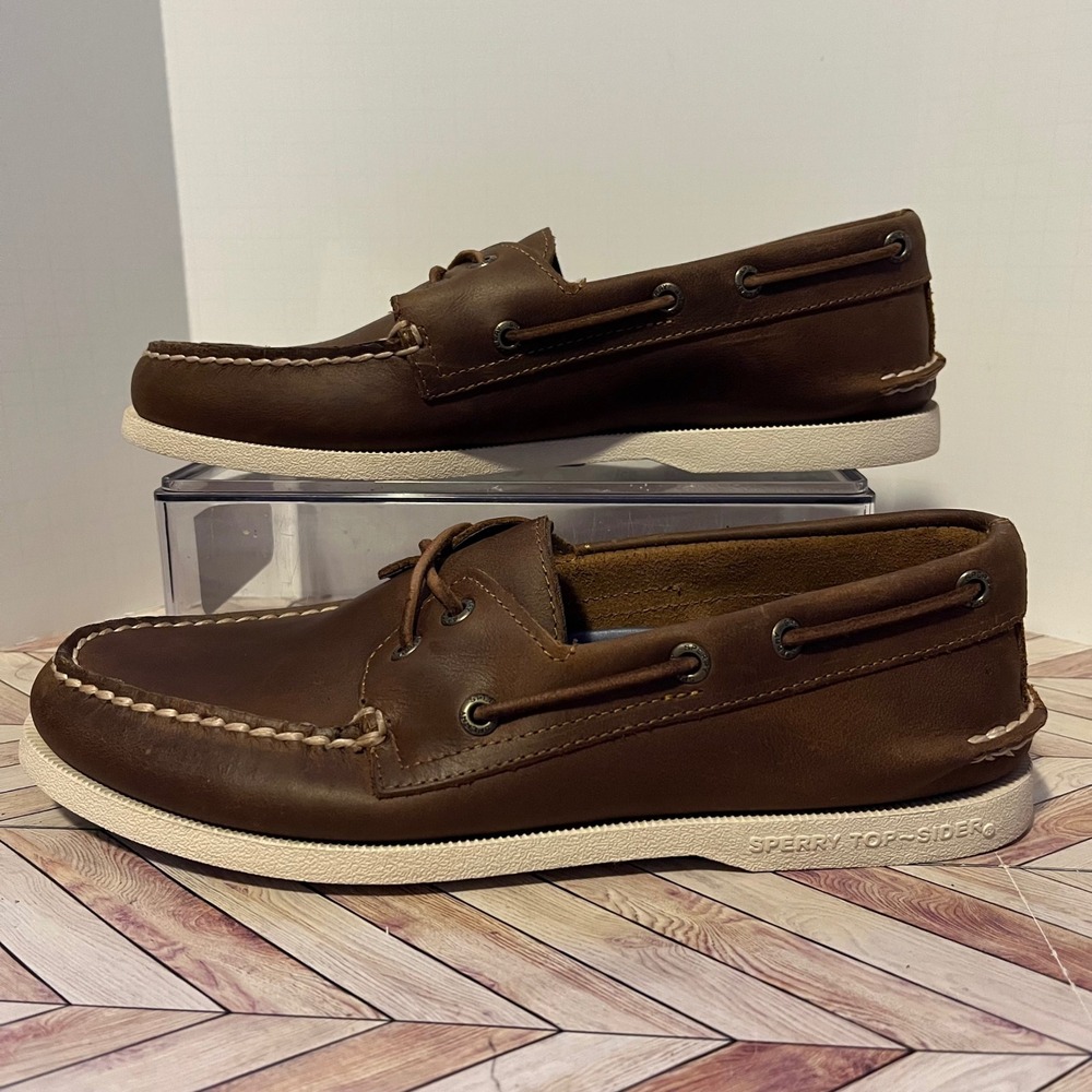 Sperry Top Sider Auth Original 2 Eye Boat Shoe Men 8 Wide Brown Leather Nautical